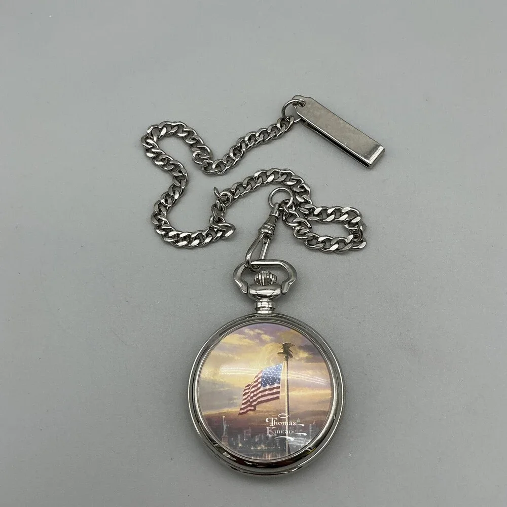 Thomas Kinkade The Light of Freedom Pocket Watch 50mm Silver Tone Flag Hunter